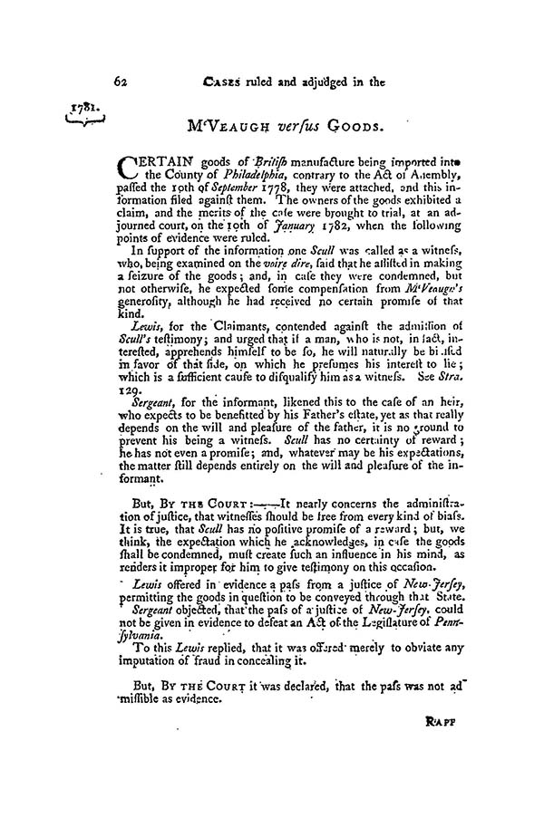M'Veaugh v. Goods, 1 Dall. 62 (Pa. 1781)