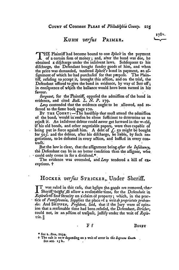 Hocker v. Stricker, 1 Dall. 225 (C.P. Phila. Cty 1787)